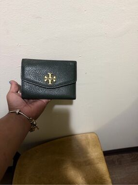Tory Burch Dark Green Pebbled Leather Wallet with Gold Logo